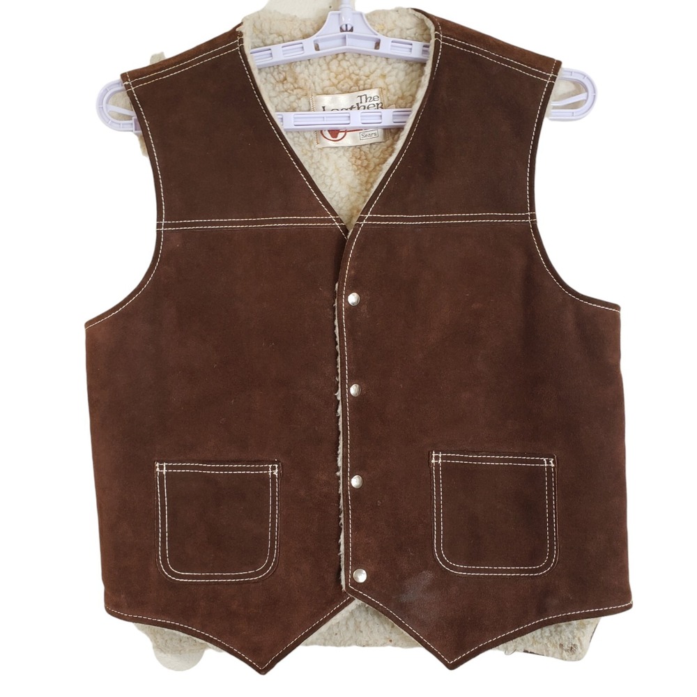 Vintage The Leather Shop Sears Leather Sherpa Lined Vest Size Medium Trucker Tan